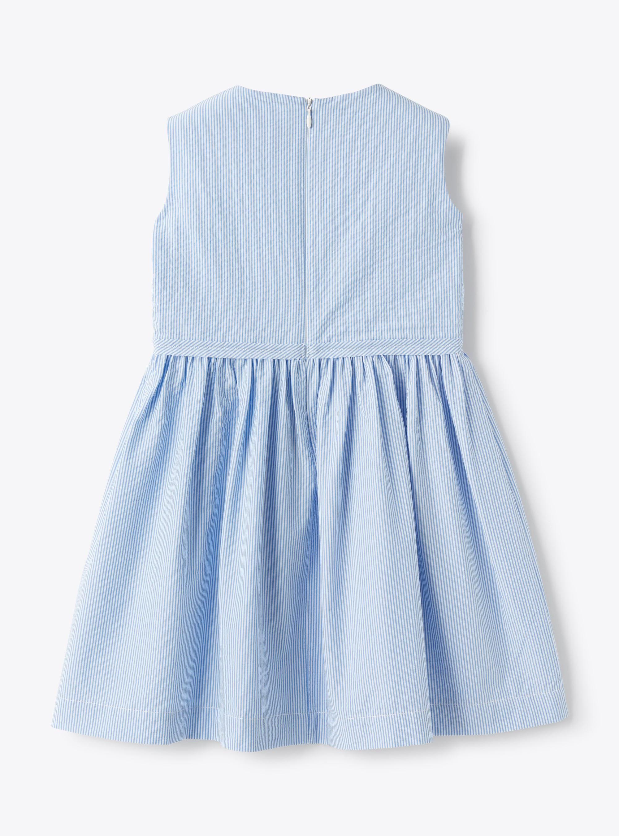Sleeveless dress in blue-&-white-striped seersucker - Brown | Il Gufo