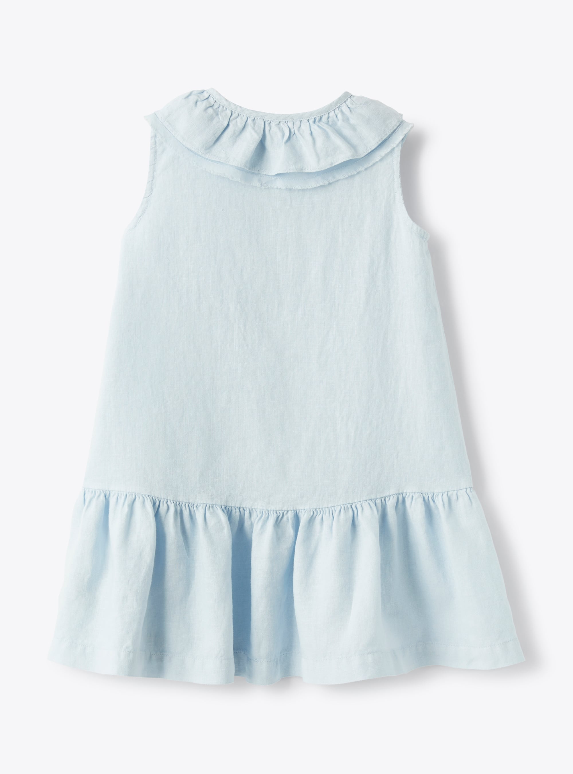 Льняное платье бледно-василькового цвета с оборками на горловине - Светло-синий | Il Gufo