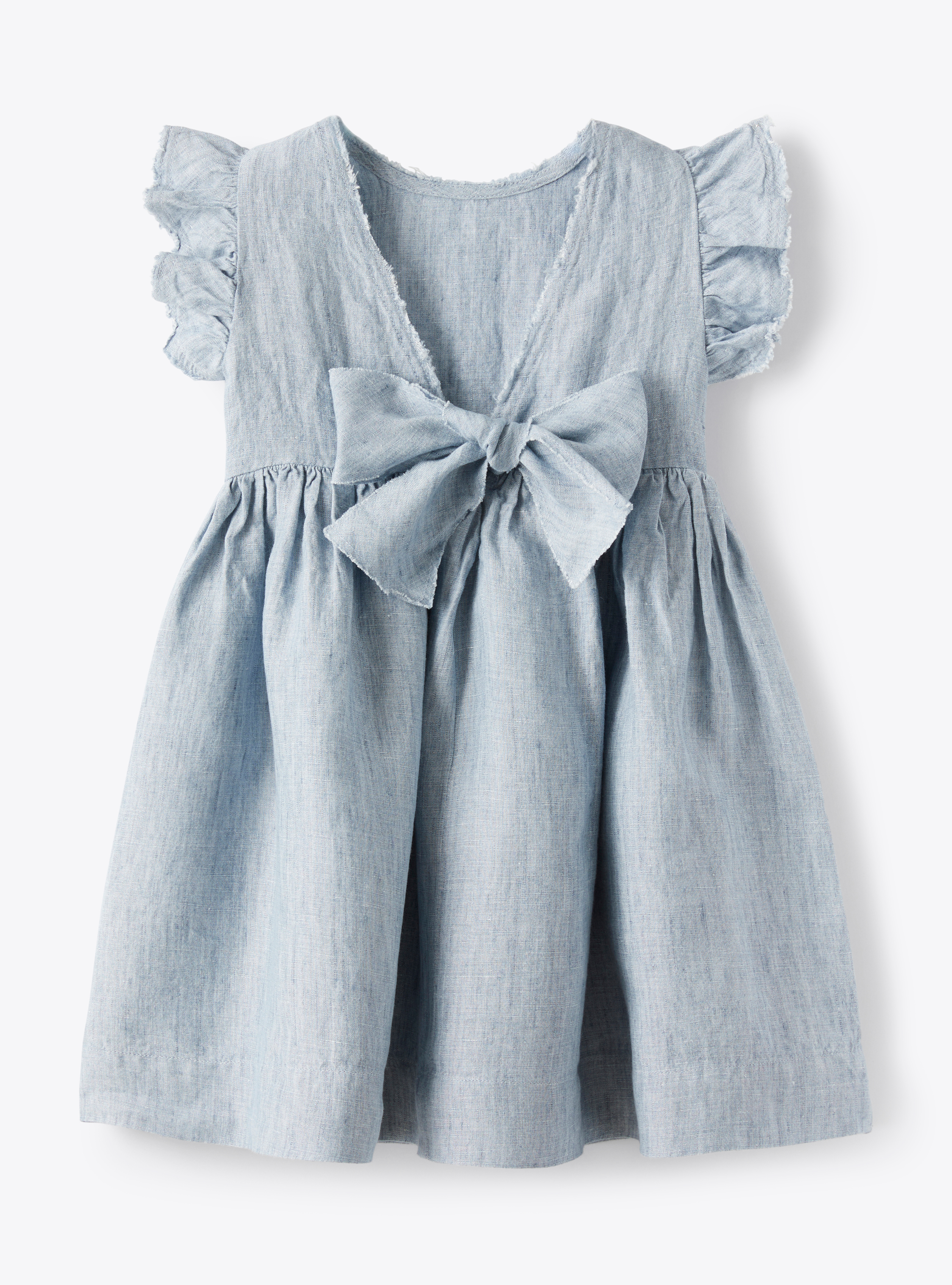 Льняное платье меланжевого небесно-голубого цвета с бантом - Светло-синий | Il Gufo