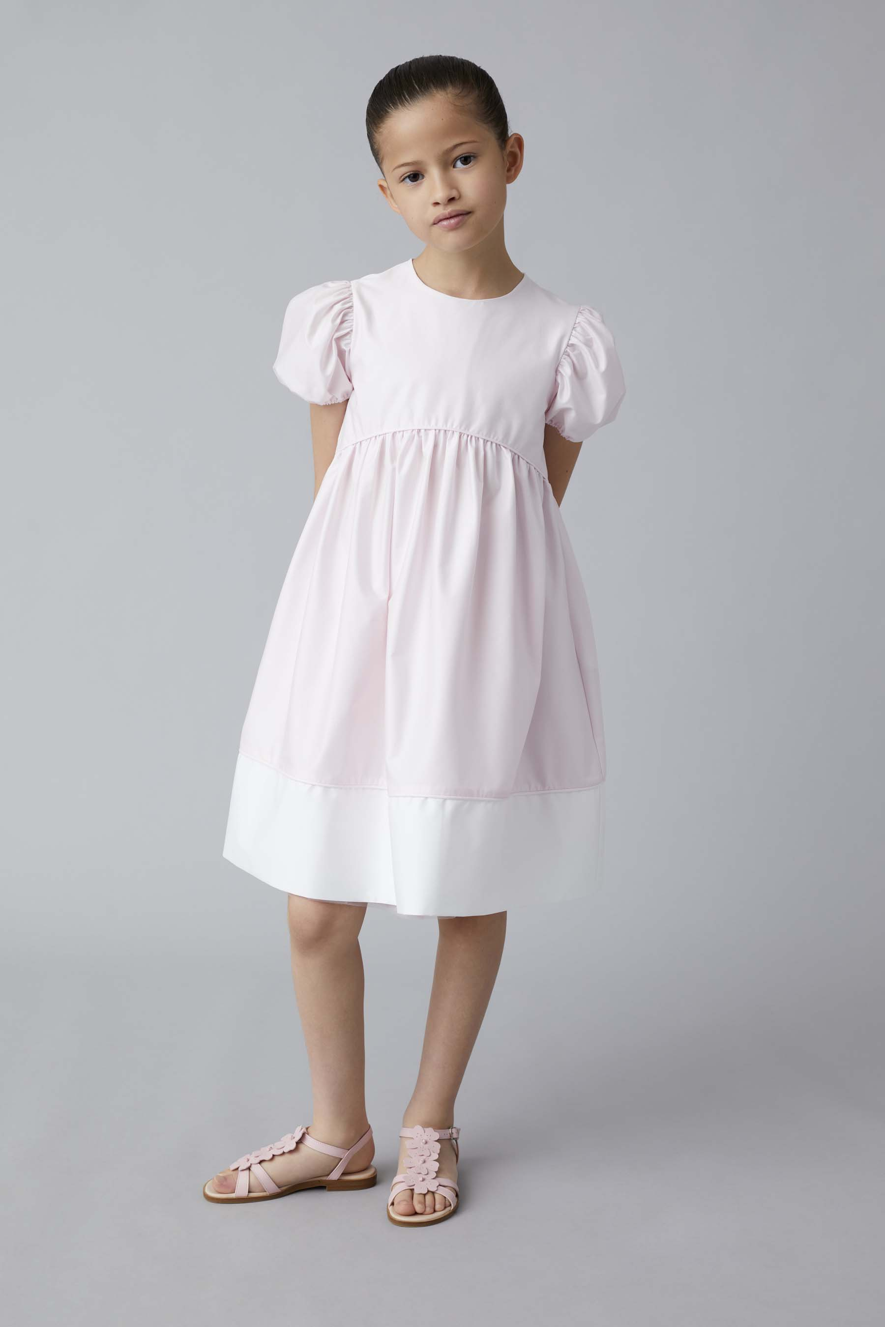 Kurzärmeliges Kleid aus rosa und weißem Stretch-Popeline - Weiss | Il Gufo