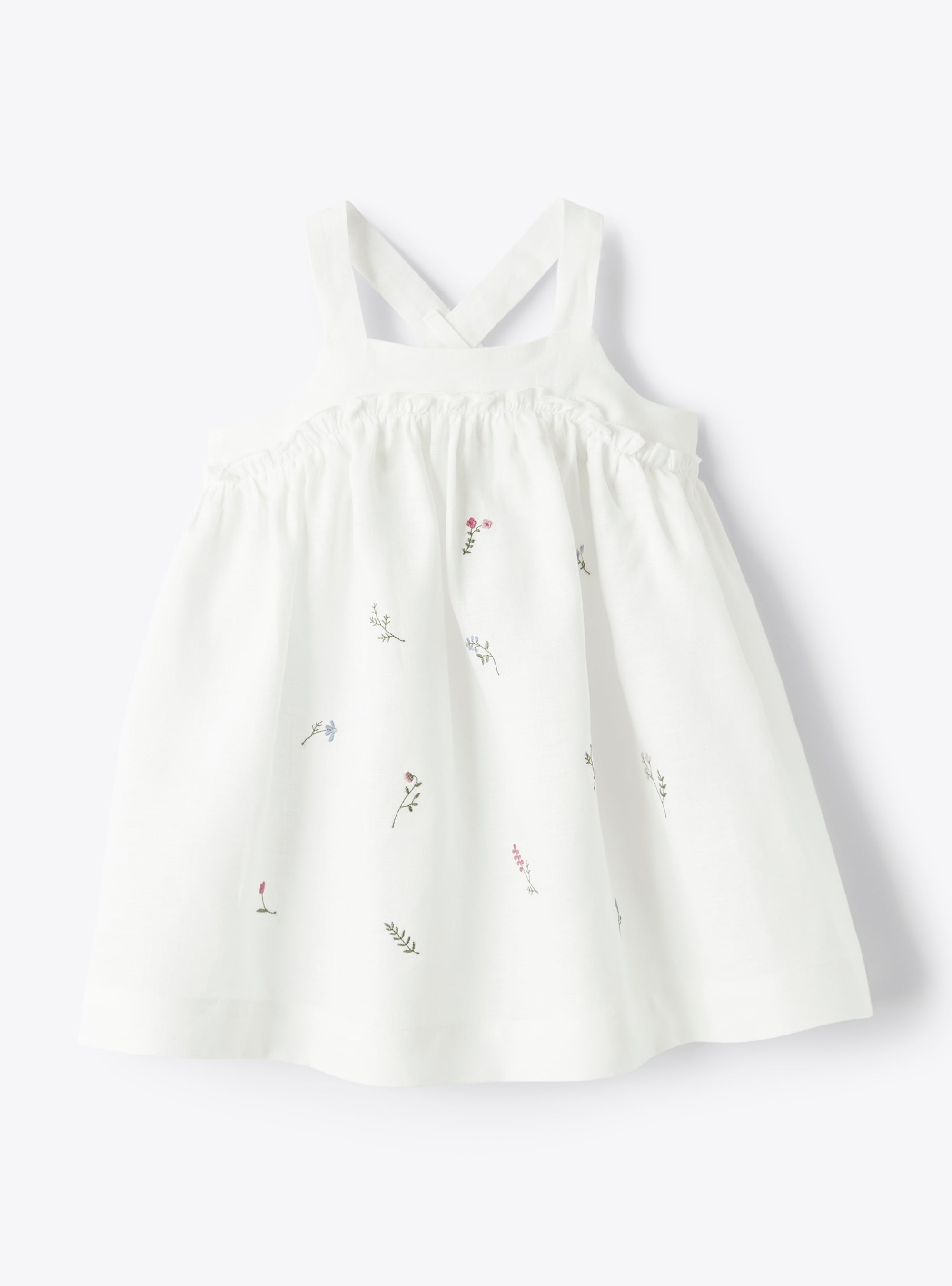 Sleeveless dress in linen with embroidered flowers - White | Il Gufo