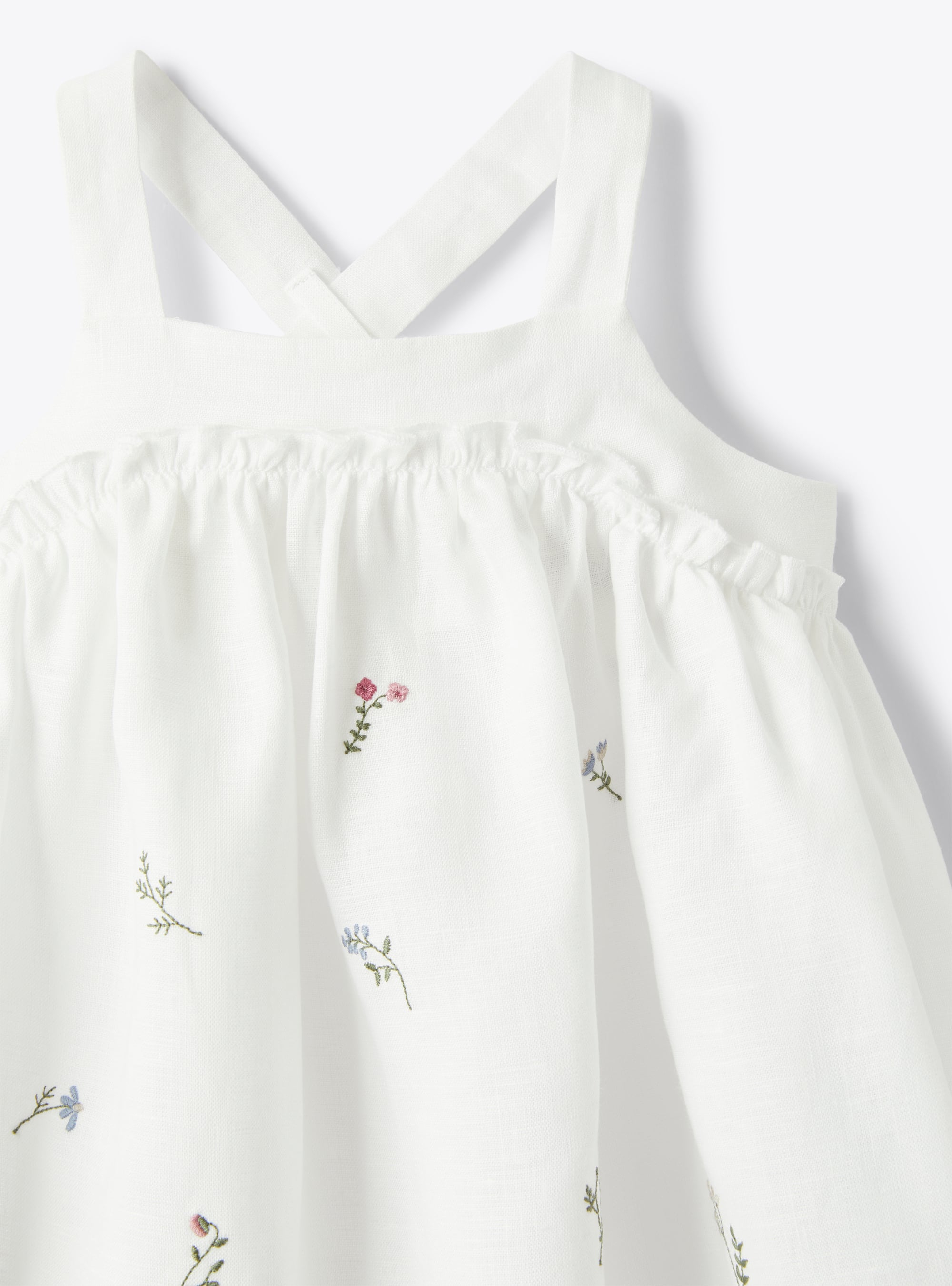 Sleeveless dress in linen with embroidered flowers - White | Il Gufo