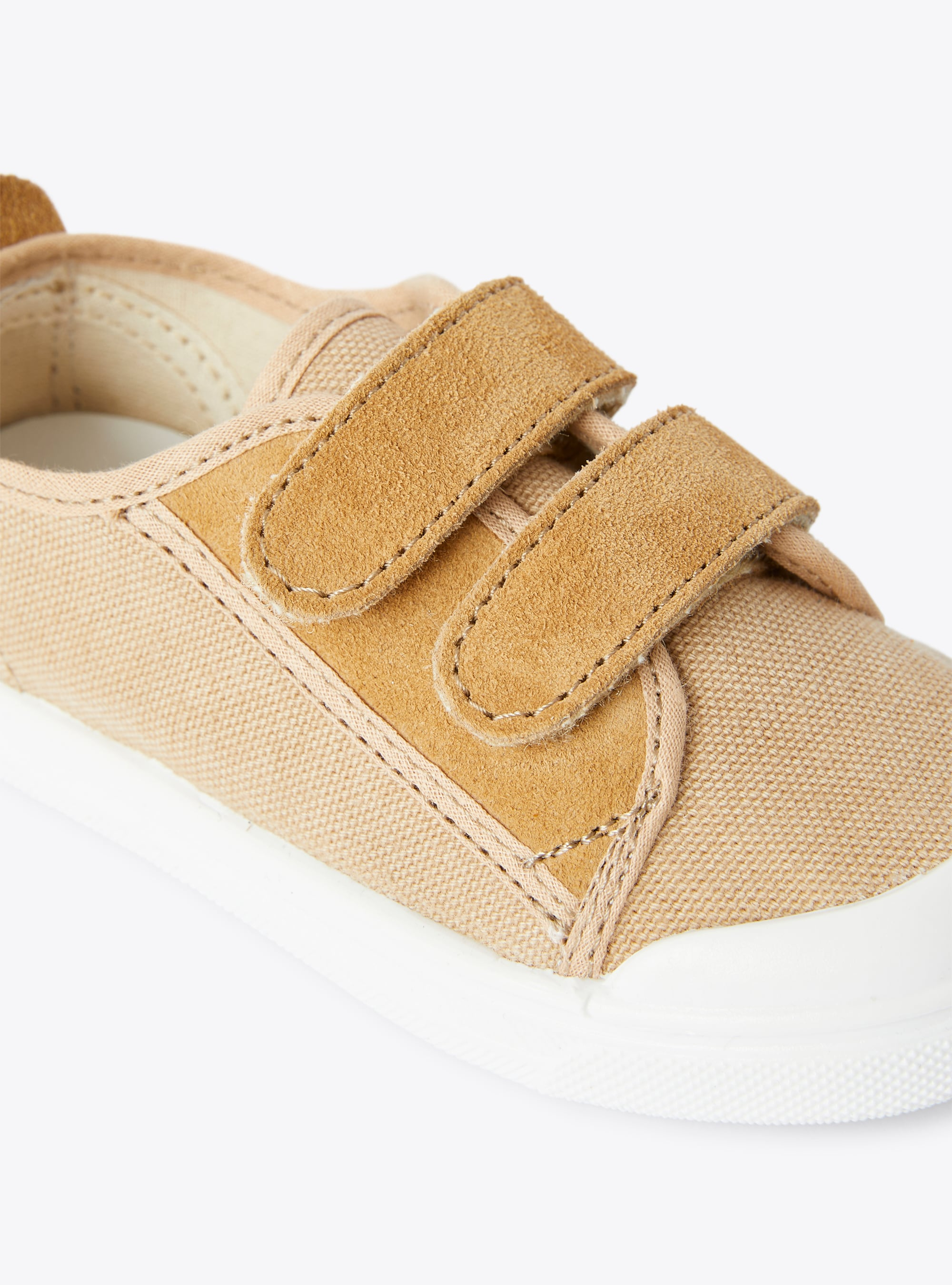 Oatmeal-hued canvas sneaker with a double riptape - Brown | Il Gufo