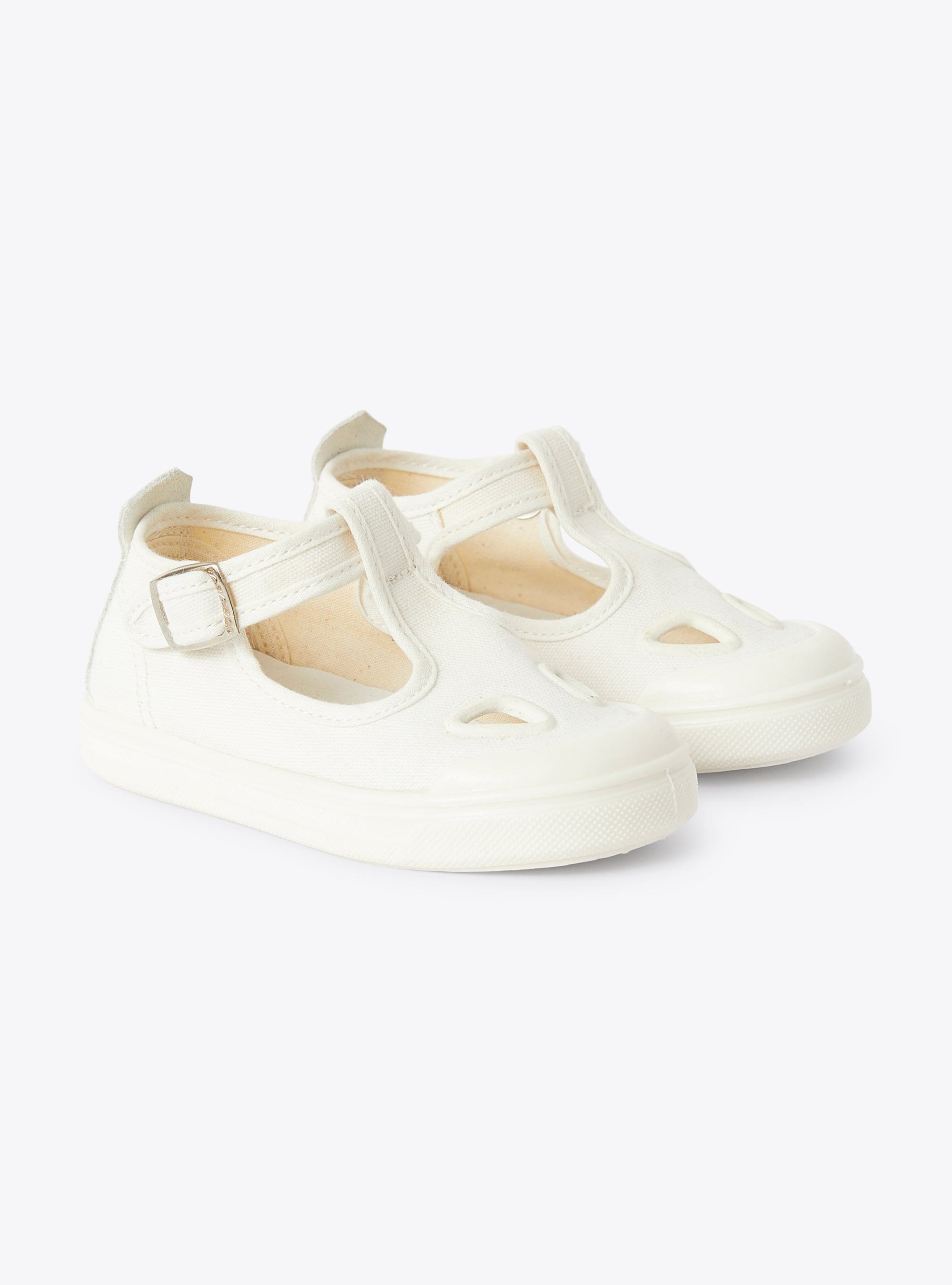 Sandal in white canvas with a t-bar design and decorative holes - Shoes - Il Gufo