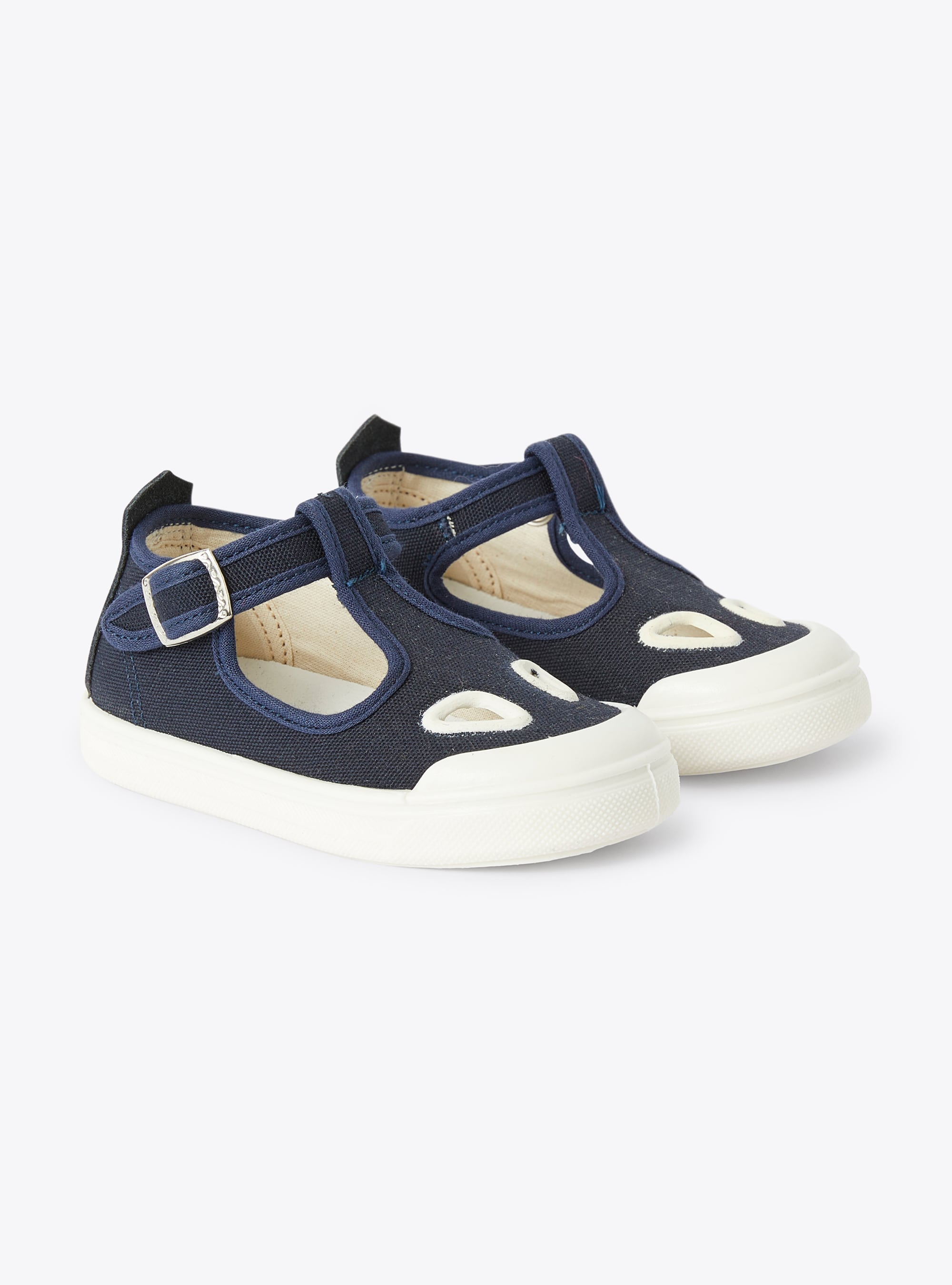 Sandal in blue canvas with a t-bar design and decorative holes - Blue | Il Gufo