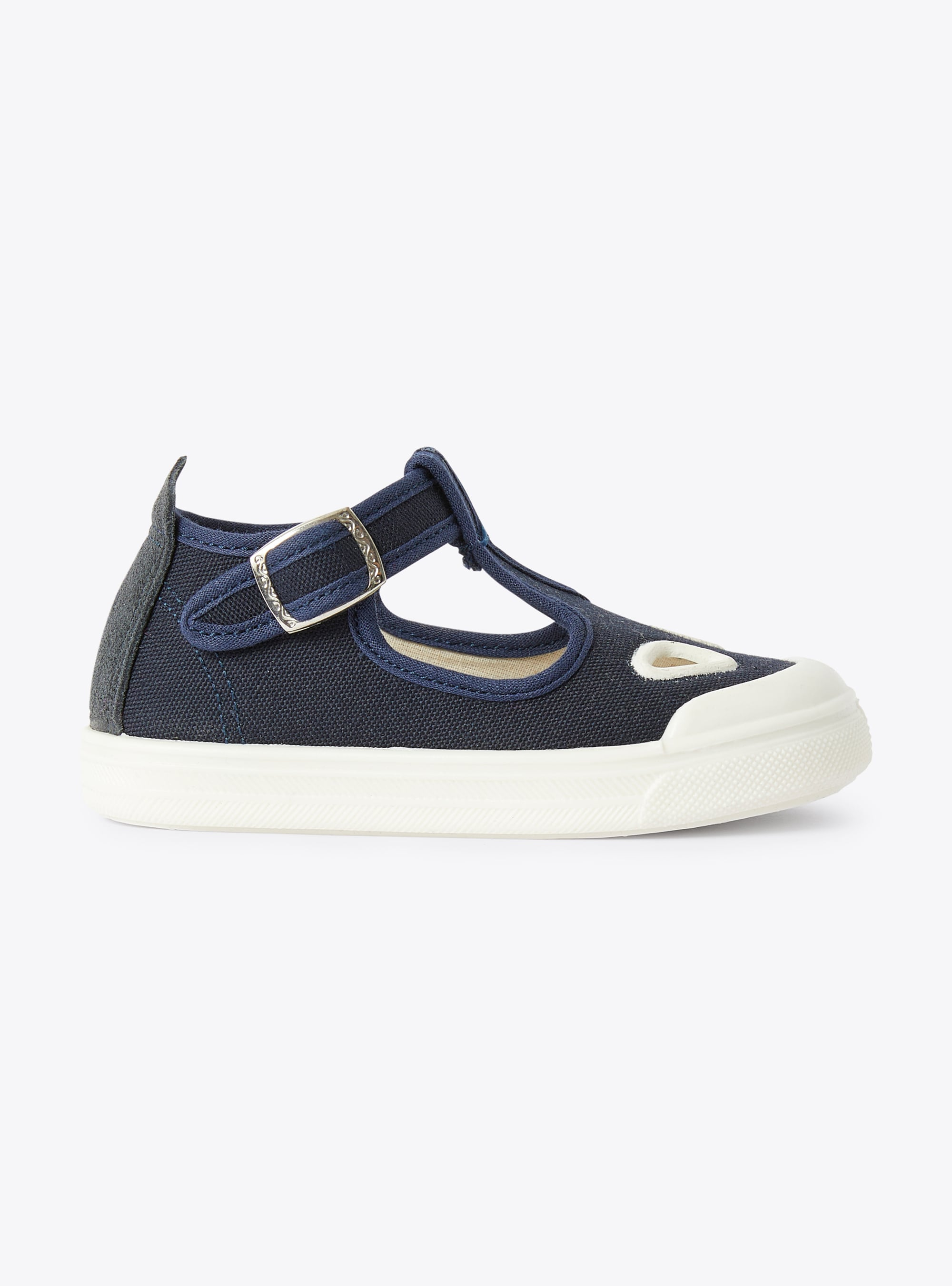 Sandal in blue canvas with a t-bar design and decorative holes - Blue | Il Gufo