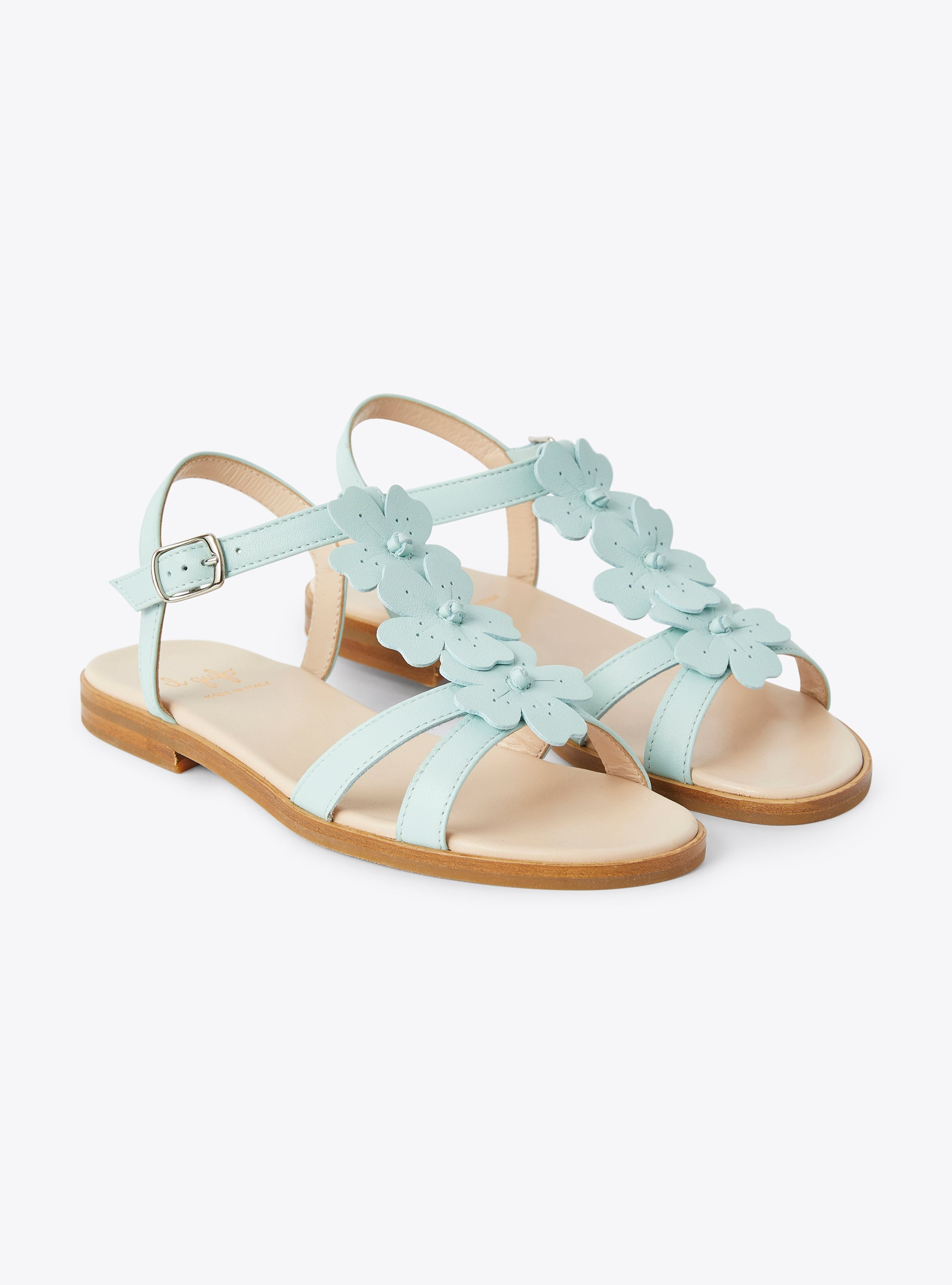 Leather sandal with flower embellishment in sea green - Brown | Il Gufo