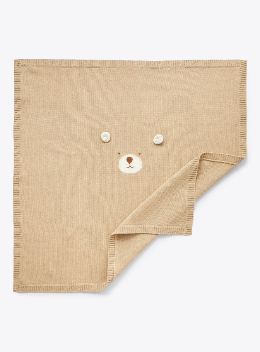 Merino wool blanket with bear face - Beige | Il Gufo