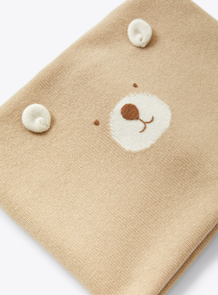 Coperta in lana merino con orsetto - Beige | Il Gufo