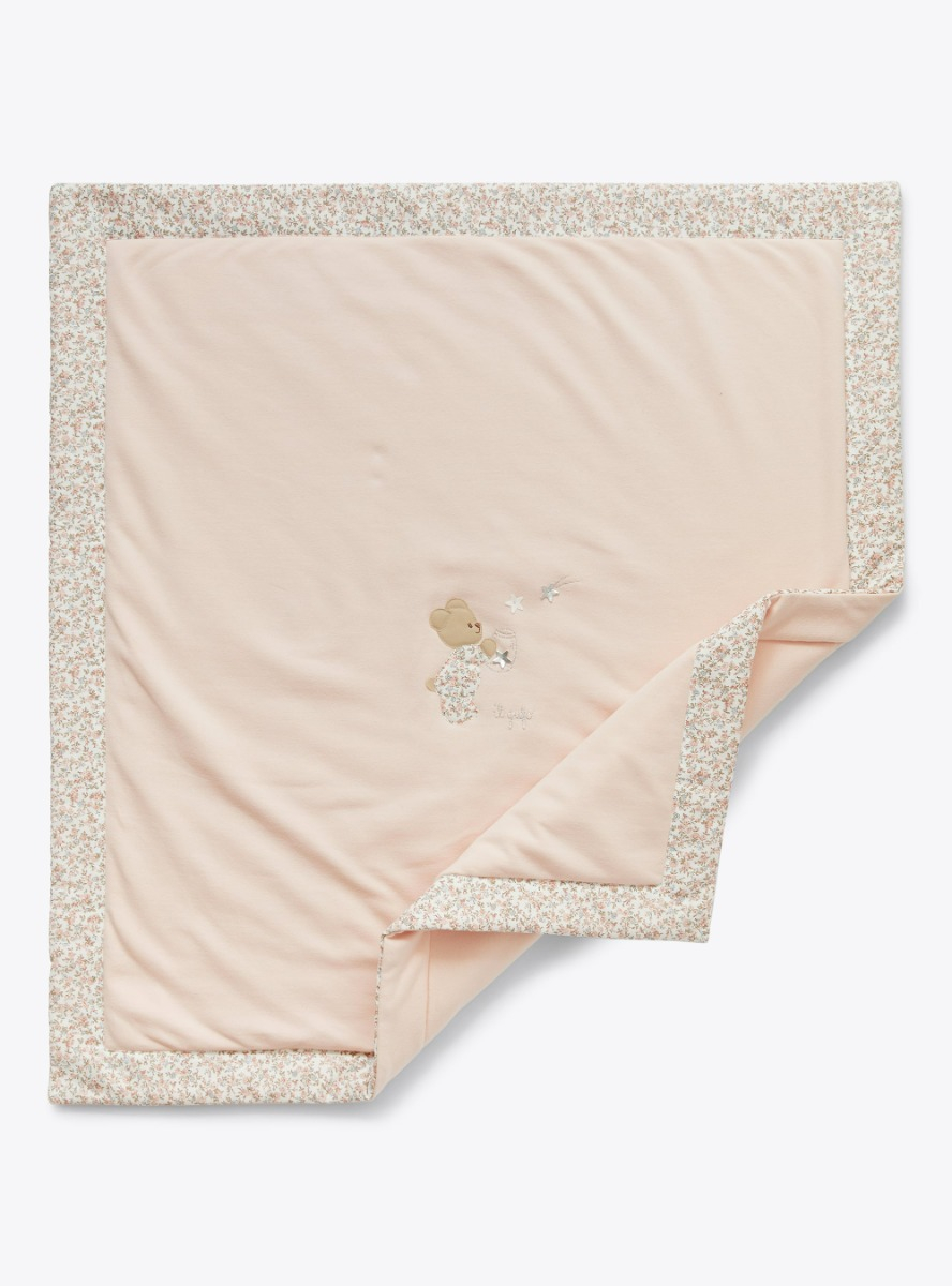 Blanket with teddy bear and floral motif - Pink | Il Gufo