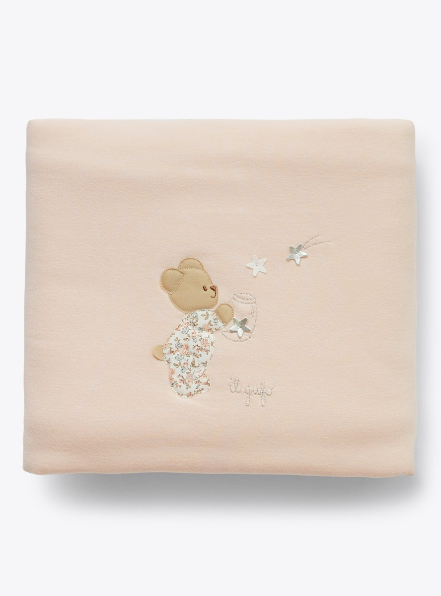 Blanket with teddy bear and floral motif - Pink | Il Gufo