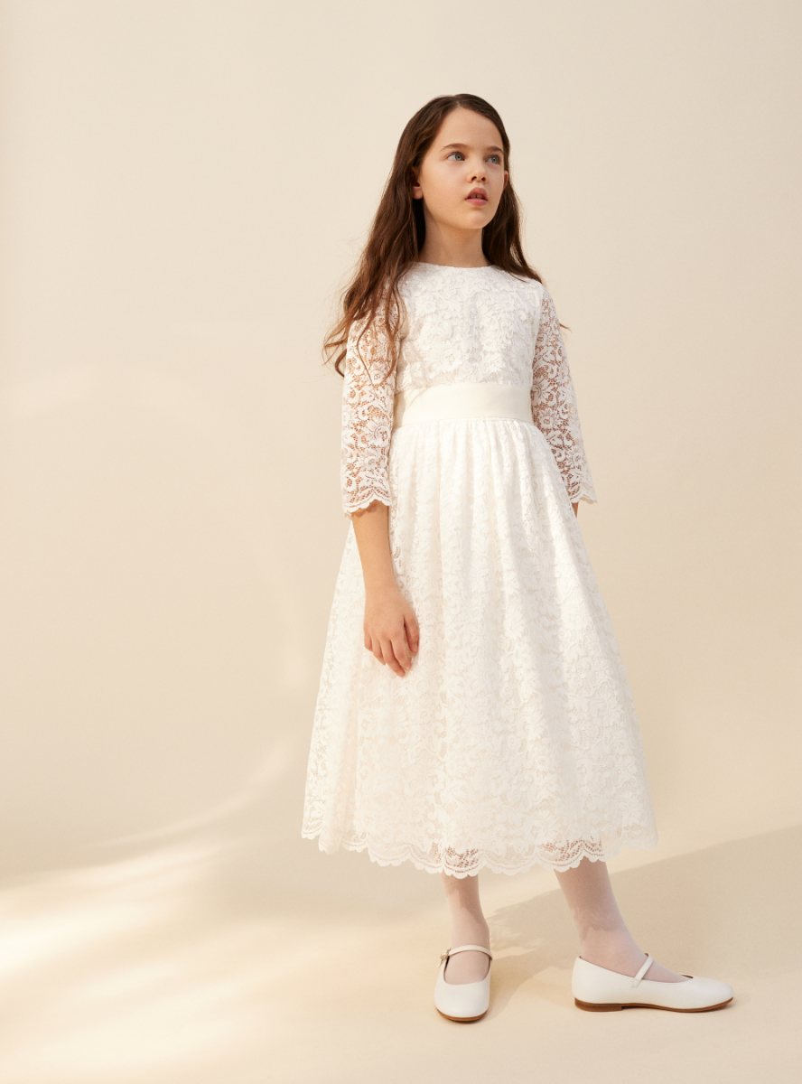 Full-length dress in lace with belt - White | Il Gufo