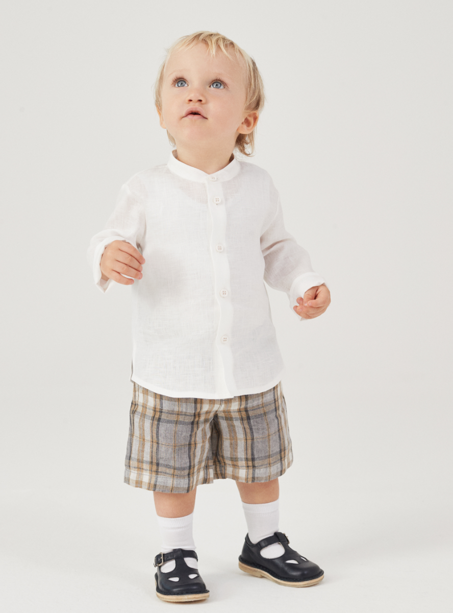 Linen set with madras-patterned trousers - Beige | Il Gufo