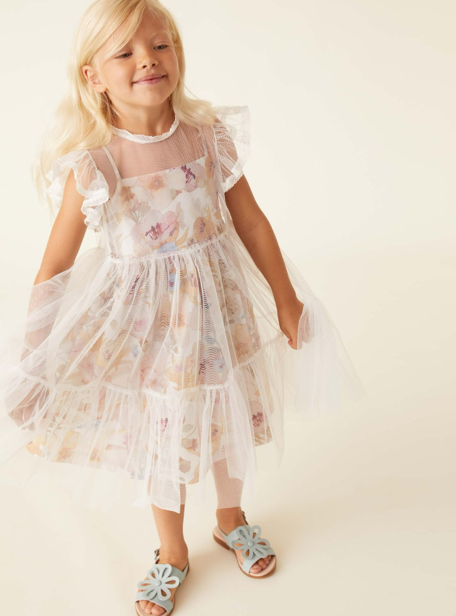White-tulle dress with flowers - White | Il Gufo