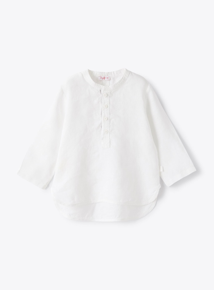 Baby boys’ mandarin-collar shirt in white linen - Shirts - Il Gufo