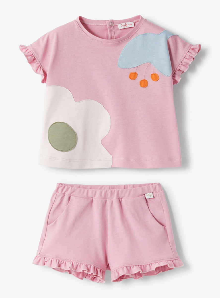 Two-piece set in jersey with appliquéd flowers - Pink | Il Gufo