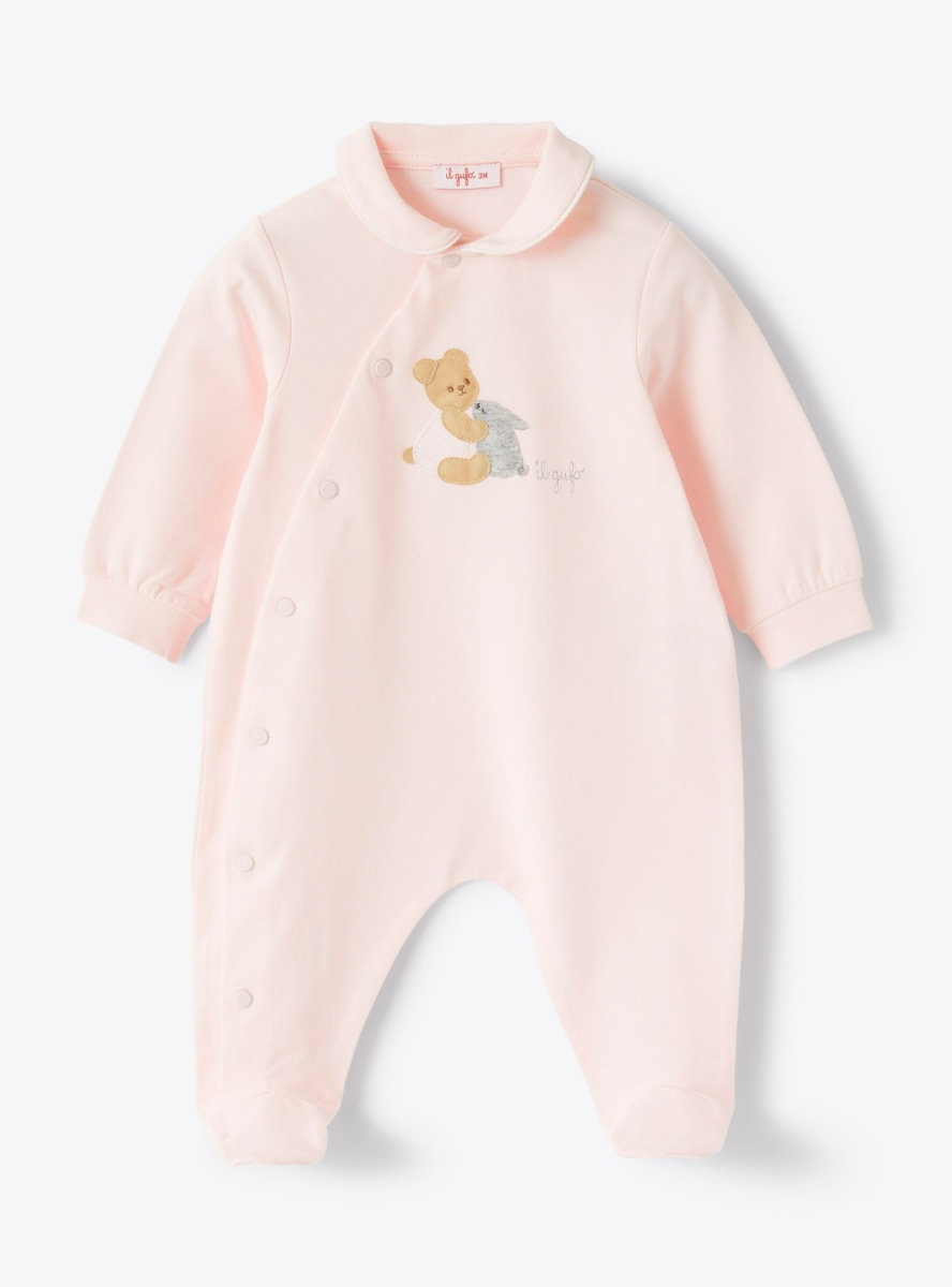 Baby boys’ jersey sleepsuit with bear picture - Pink | Il Gufo