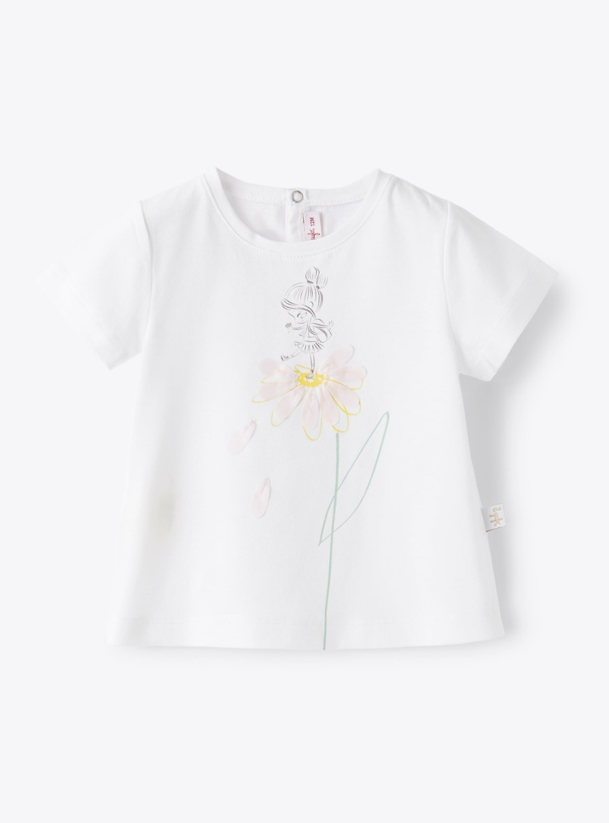T-shirt with print of flower and little girl - Beige | Il Gufo