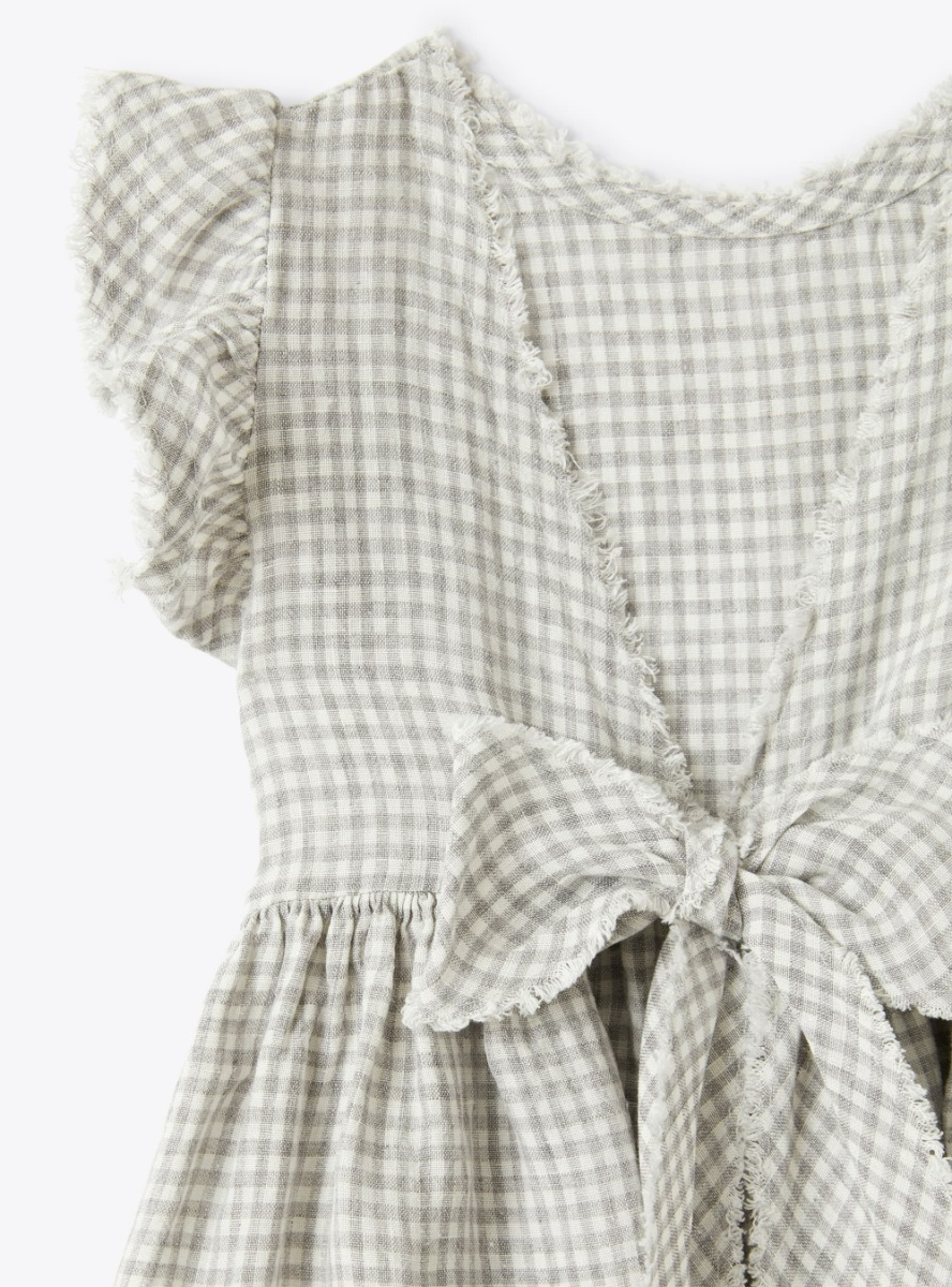 Chequered linen dress with bow - Grey | Il Gufo