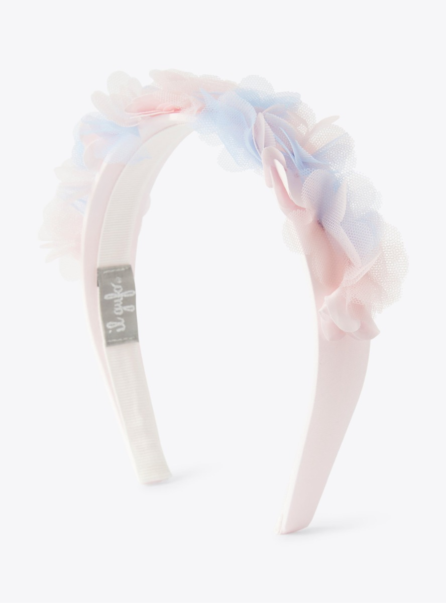 Haarreif mit aufgesetzten rosa und azurblauen Blumen - Zubehör - Il Gufo